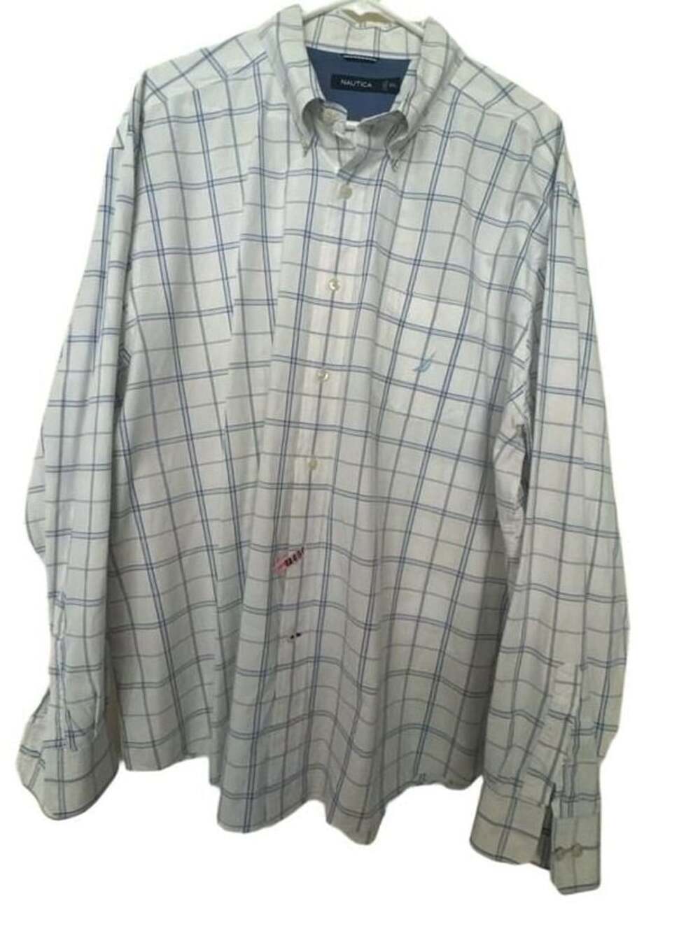 Nautica Plaid Button Down Shirt Size XXL Long Sleeve White Blue